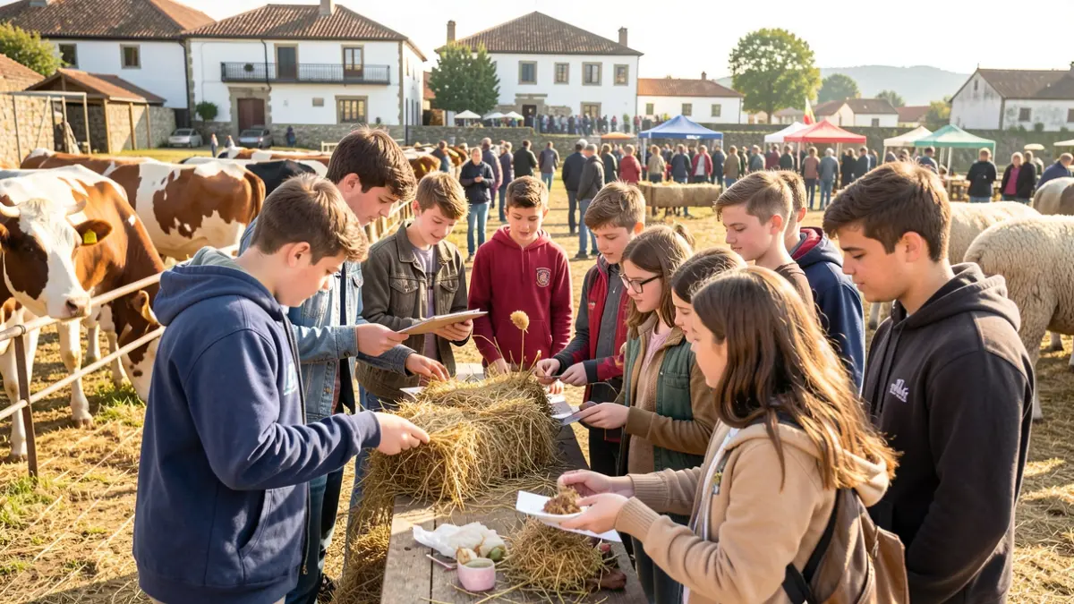 Imaxe dun grupo de mozos e mozas participando nunha demostración de preparación de animais nunha escola de gandeiros en Galicia.