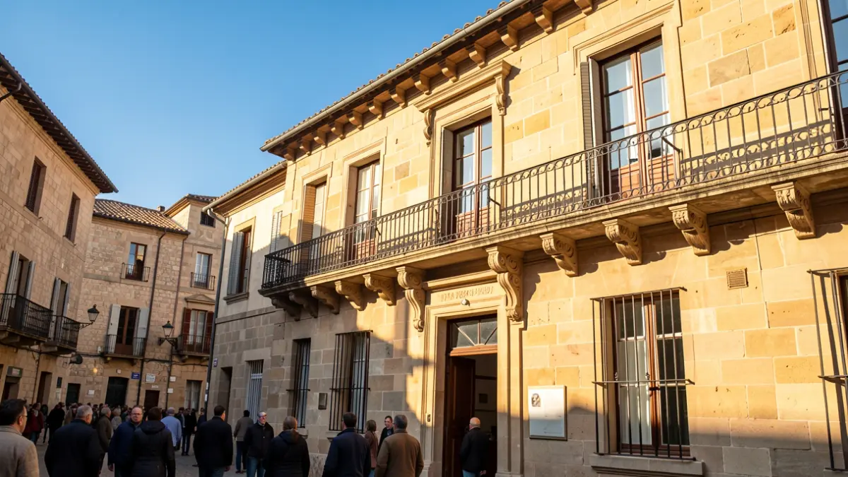 Imaxe xenérica dunha casa consistorial de pedra galega con balcón ornamentado.