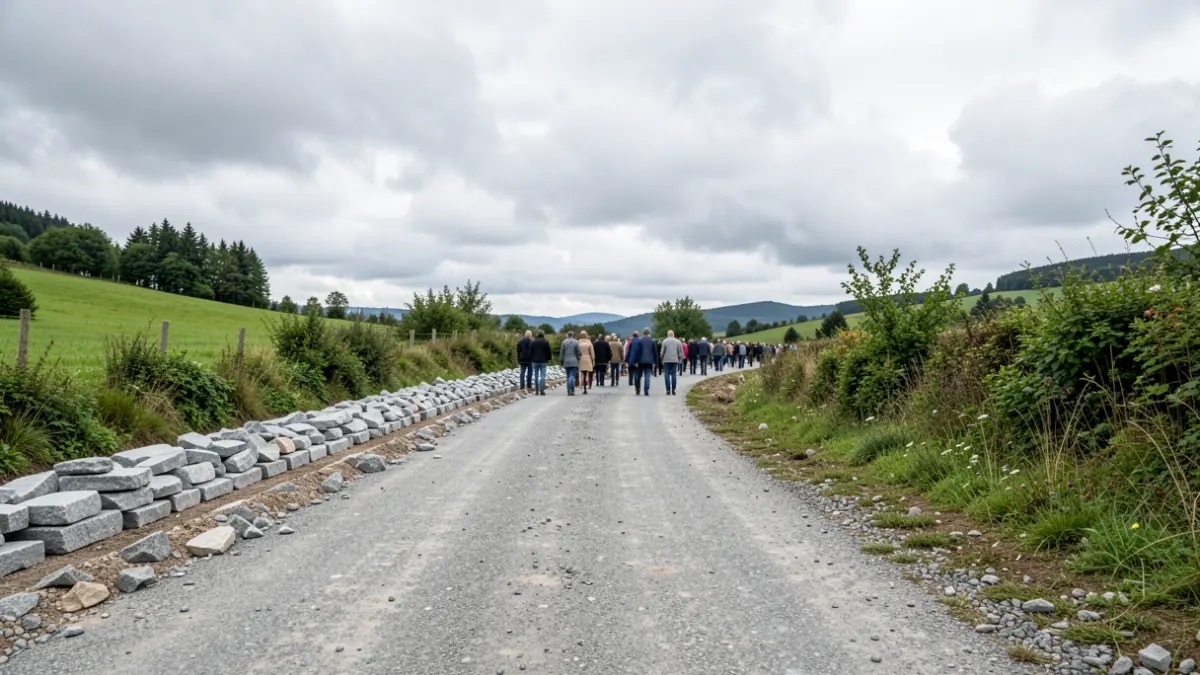 Imaxe xenérica de camiño rural en obras na Galiza con pedras de granito e vexetación verde.