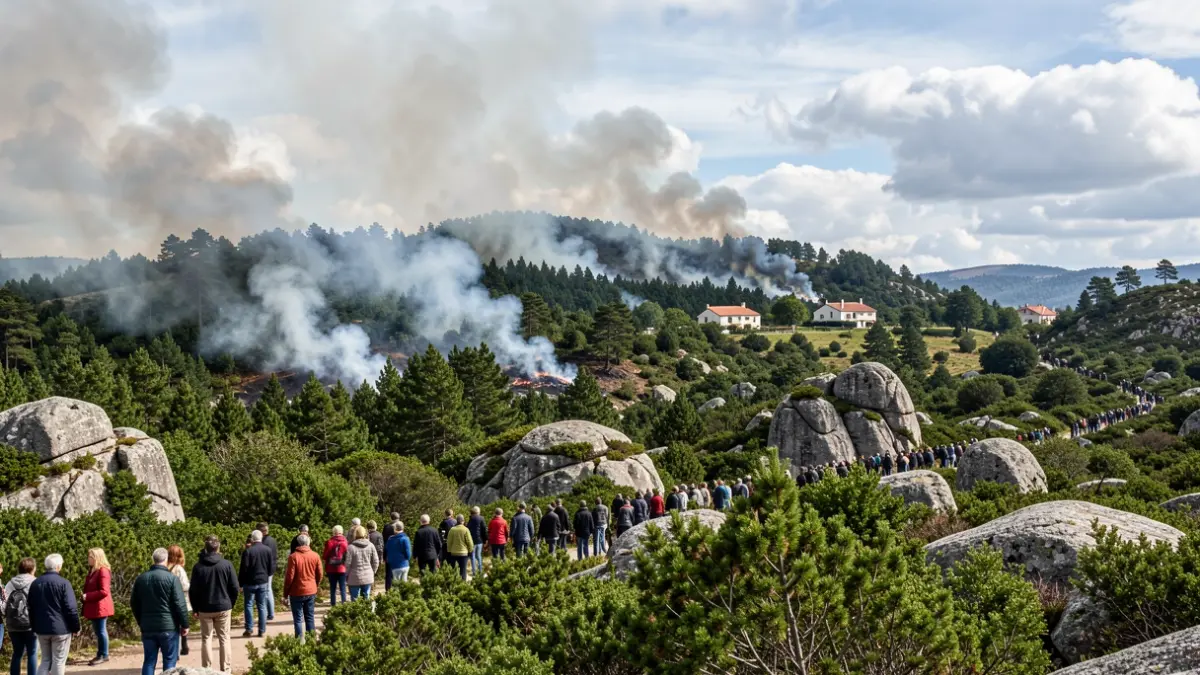 Imaxe xenérica de incendio forestal en Galicia, con fume nunha ladeira verde e rochas de granito.