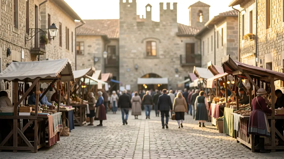 Imagen de un mercado medieval en una plaza de piedra.