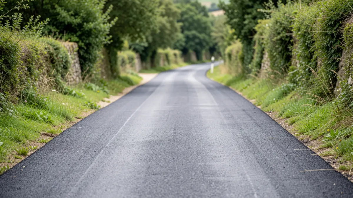 Imaxe dunha estrada rural galega, a pista de Xarrapio, con asfalto recentemente reparado e cunetas melloradas. A vexetación bordea a estrada baixo unha luz natural.