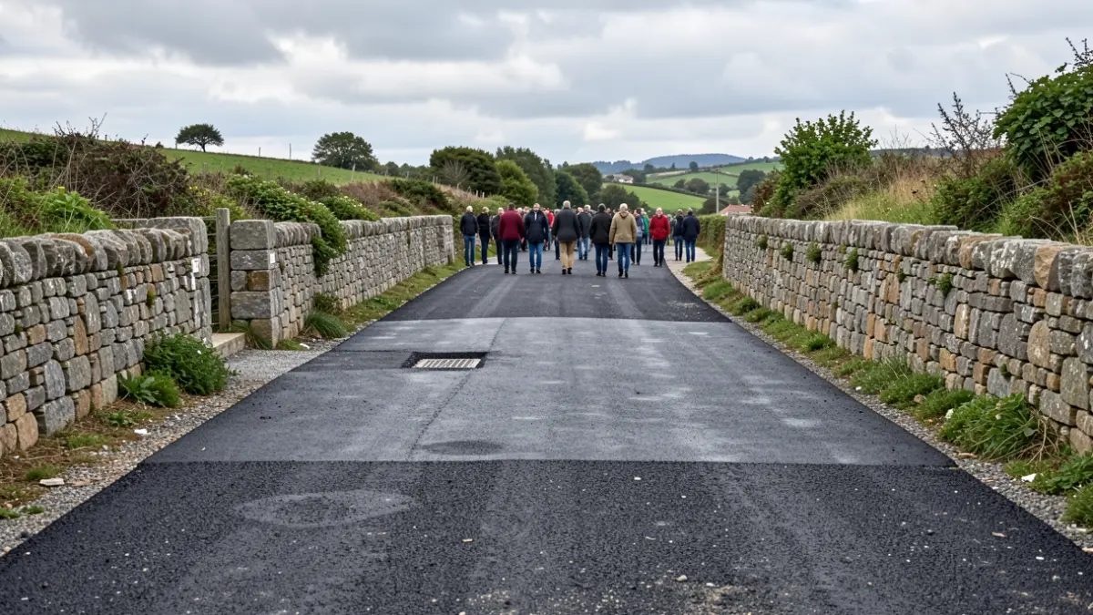 Imaxe dunha estrada rural galega en proceso de mellora da seguridade viaria.