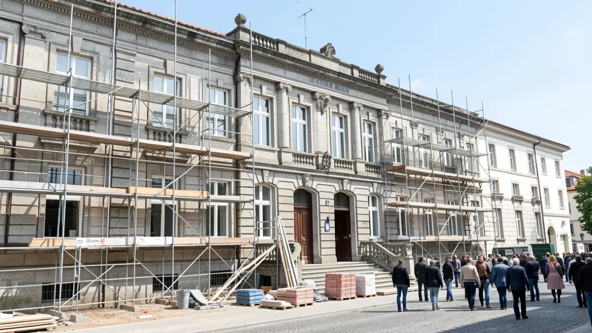 Imaxe xenérica de fachada de colexio galego con detalles de granito en proceso de rehabilitación con andamios e materiais de construción.