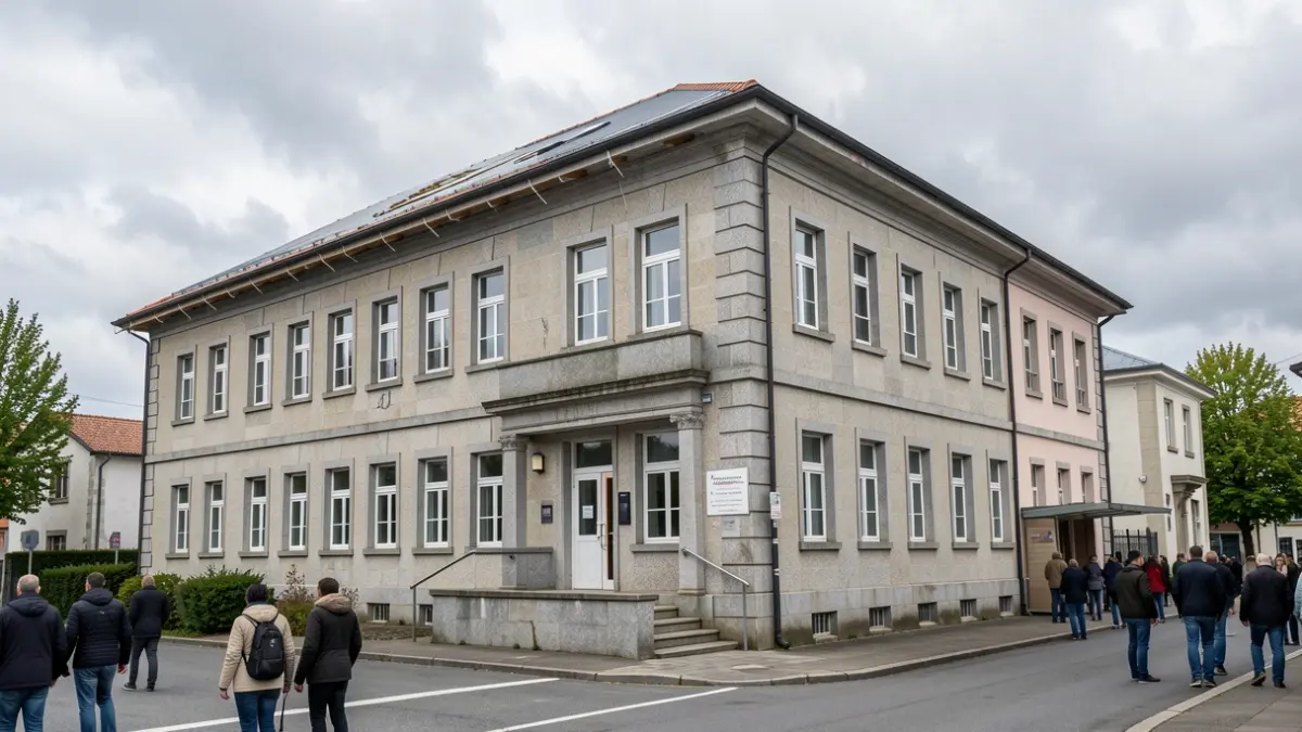 Imaxe xenérica dun centro educativo galego con detalles de granito e obras recentes na cuberta e fachada.