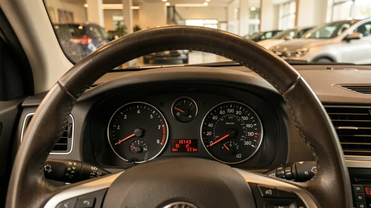 Primer plano del cuentakilómetros de un coche de ocasión marcando 10.143 km.