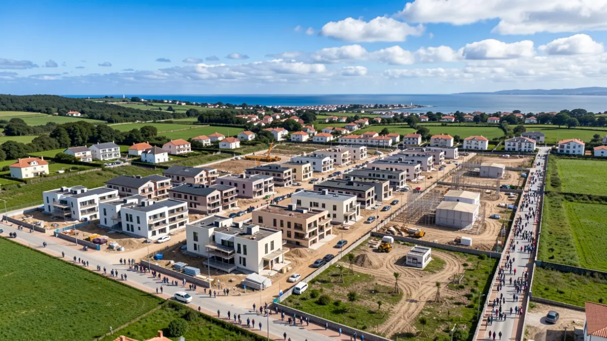 Vista aérea dunha nova urbanización con casas e edificios de apartamentos en construción nunha localidade costeira de Galicia.
