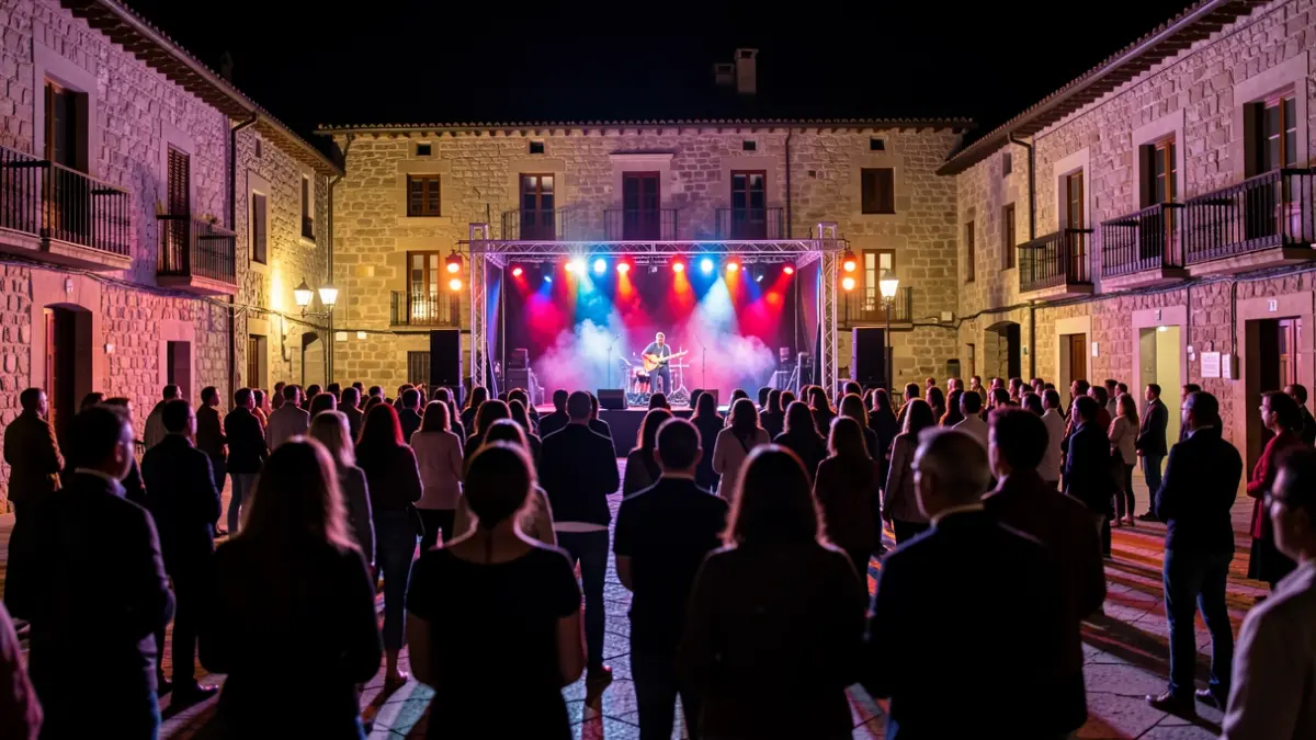Imaxe dun concerto ao aire libre na praza de Fefiñáns en Cambados, con Mondra actuando baixo focos de cores e público na xungla.