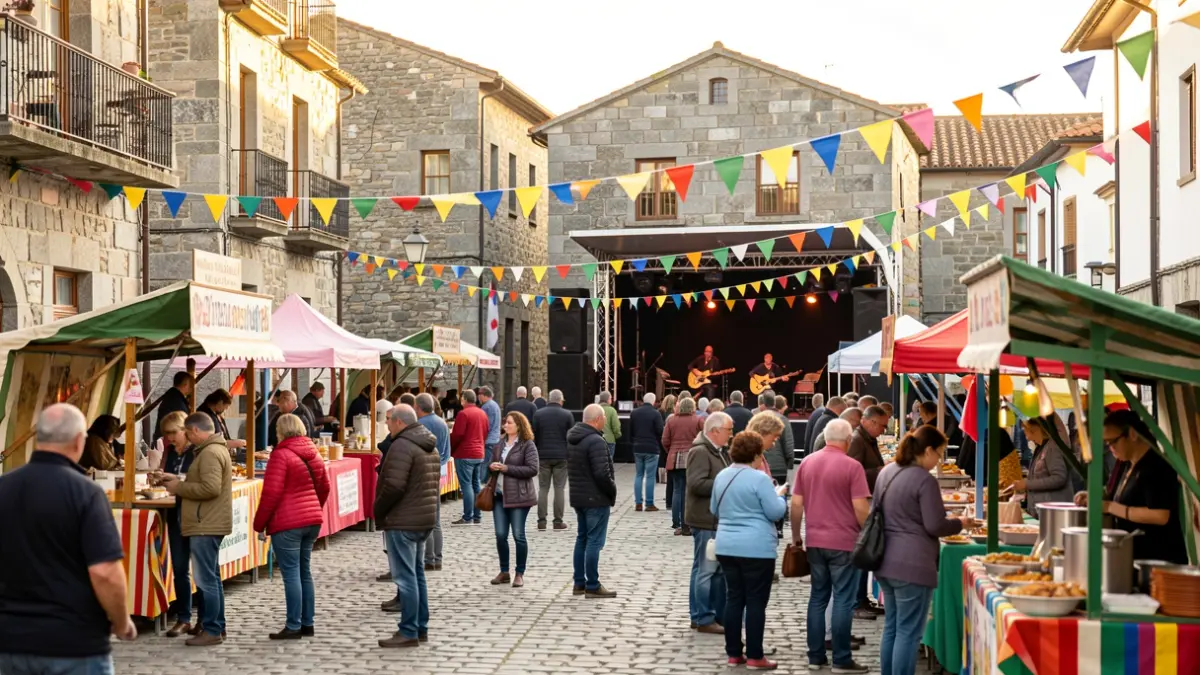Imagen de una fiesta popular al aire libre en una plaza de un pueblo gallego, con puestos de comida y un escenario.