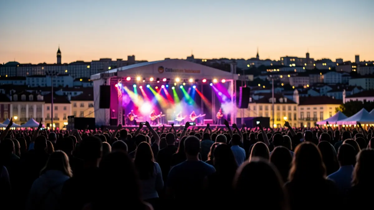 Imaxe xenérica dun festival de música ao aire libre ao anoitecer en Galicia, con público e escenario iluminado.