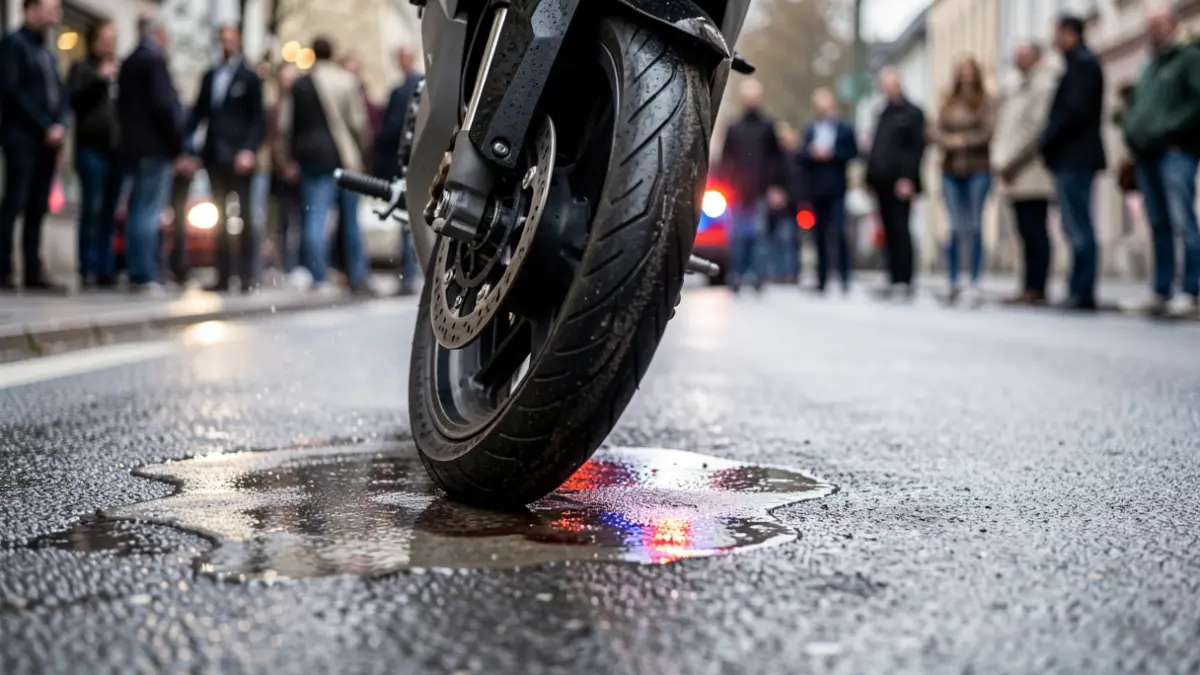 Primeira dun pneumático de moto patinando sobre asfalto mollado por unha mancha de combustible.