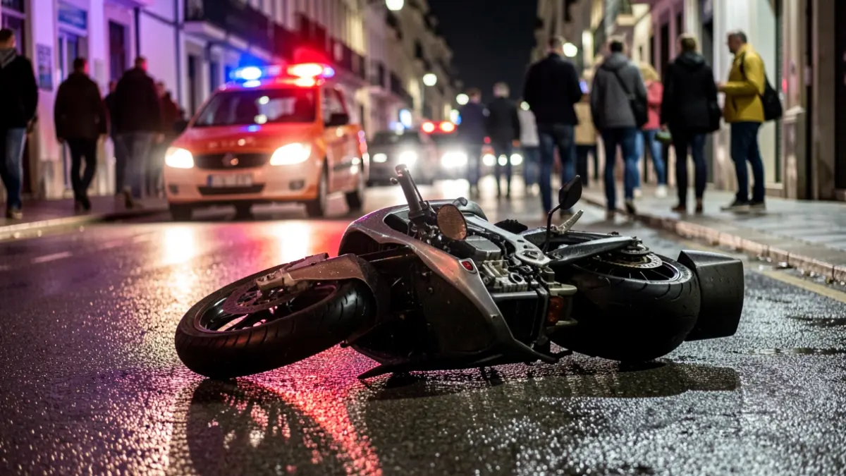 Imaxe xenérica dunha motocicleta accidentada na rúa pola noite con luces de emerxencia.