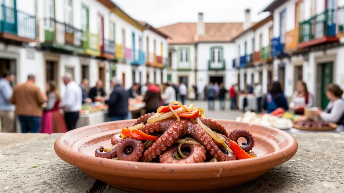 Imaxe dun prato de polbo á mugardesa servido en cerámica tradicional, cunha praza animada de Mugardos ao fondo.