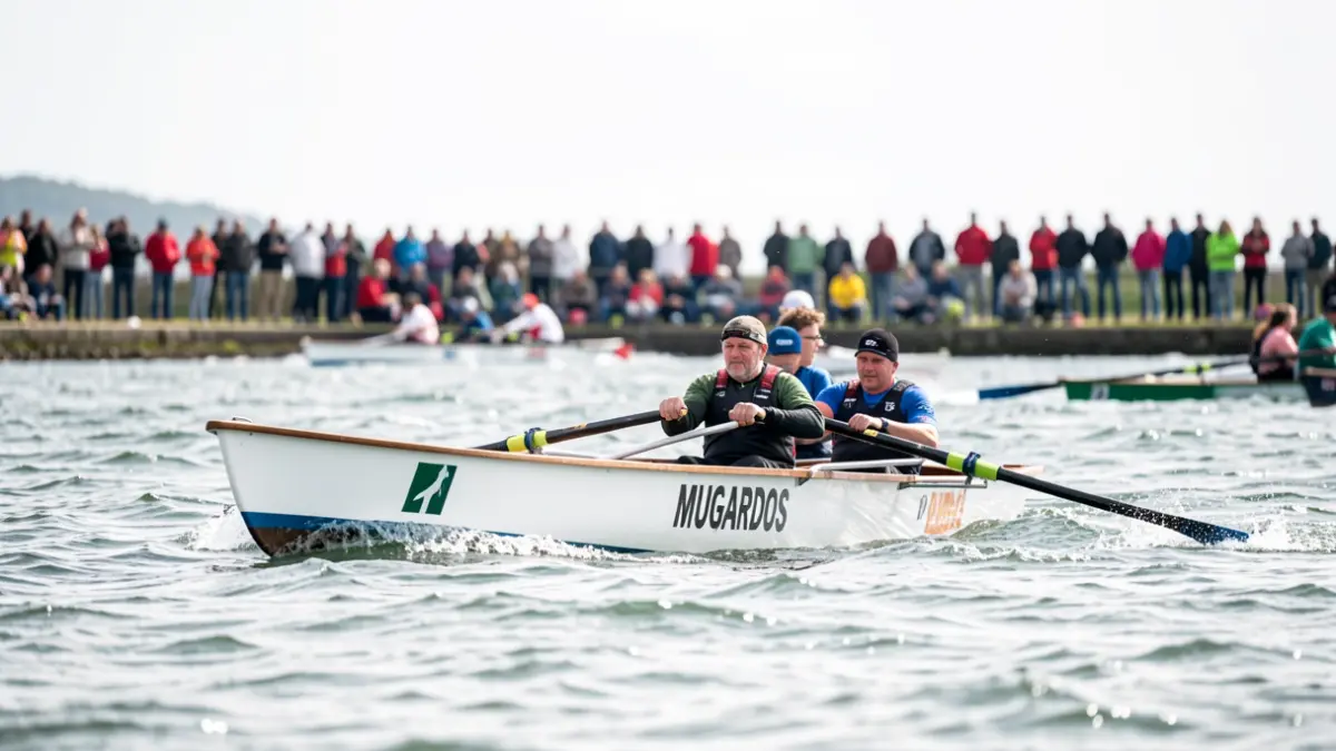 Imagen de una embarcación de remo con el nombre 'Mugardos' en la regata de la Liga Galega de traineras.