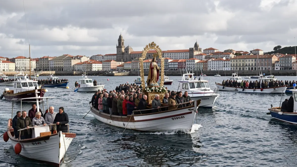 Imaxe dunha procesión marítima da Virxe do Carmen no porto de Ferrol.