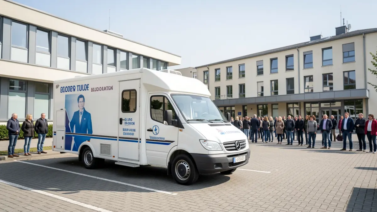 Unidad móvil de donación de sangre estacionada cerca de un centro de salud.