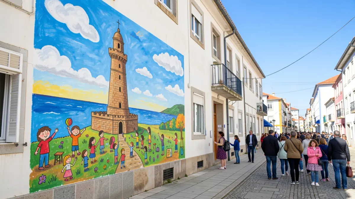 Imaxe dun mural infantil na fachada dun colexio da Coruña.