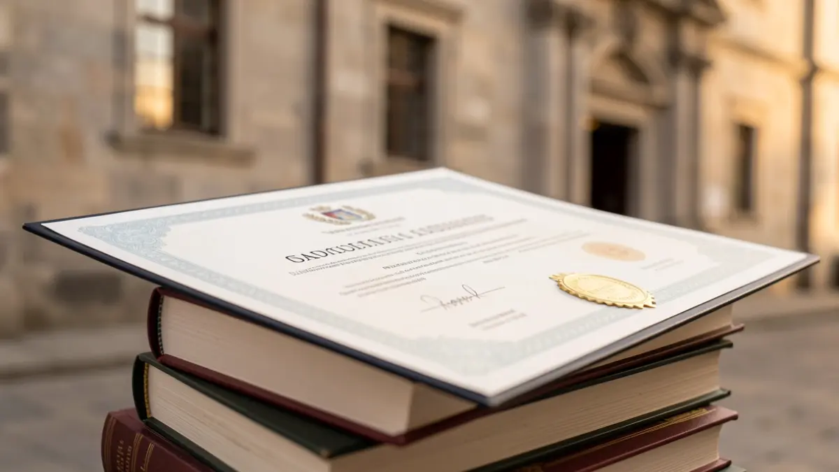 Imagen de un título universitario con sello dorado sobre libros académicos, con un edificio de granito gallego al fondo.