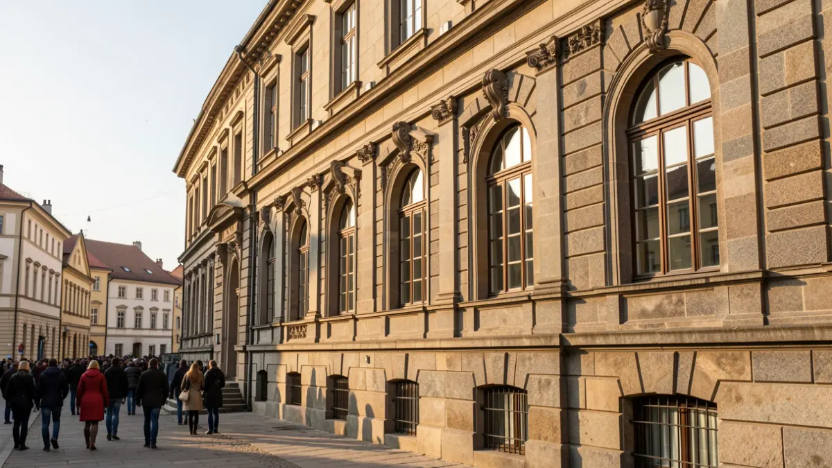 Imaxe xenérica dun museo militar histórico en Galicia con detalles de granito e balcóns ornamentados.
