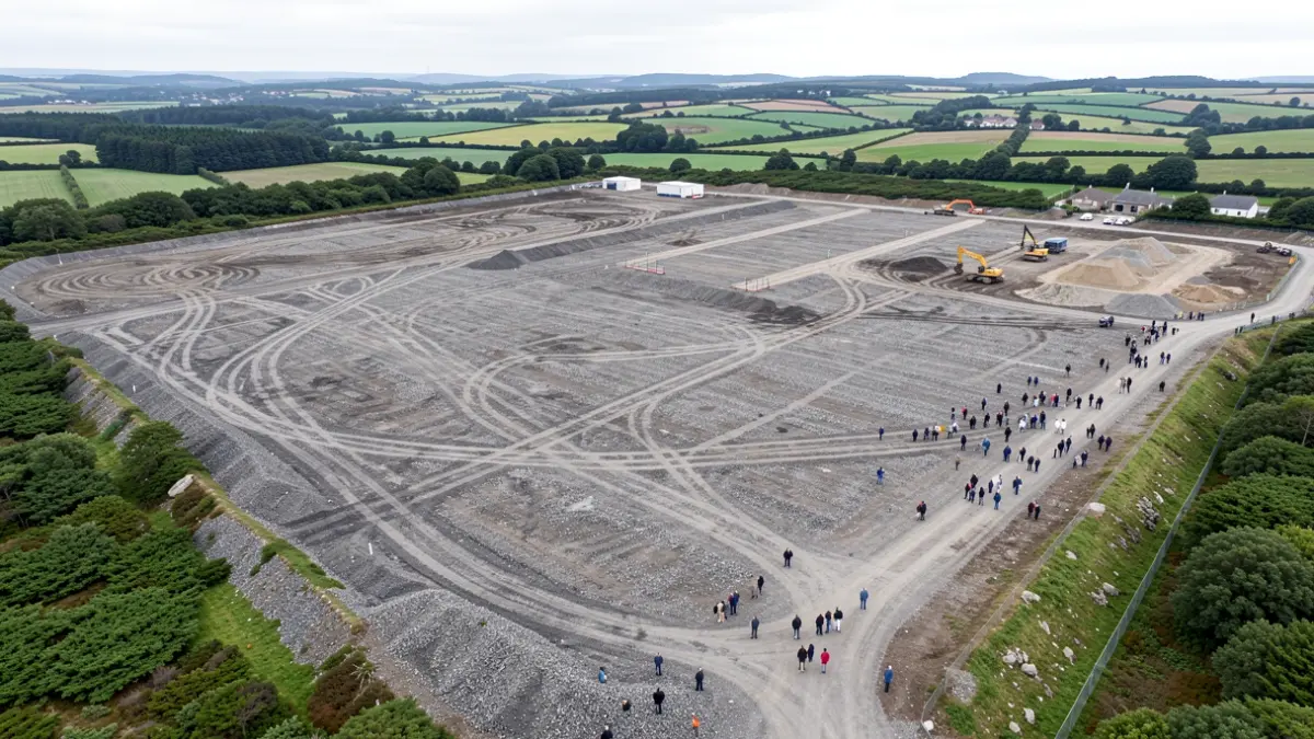 Vista aérea de una gran parcela industrial vacía en Galicia, con equipamiento de construcción a la vista.