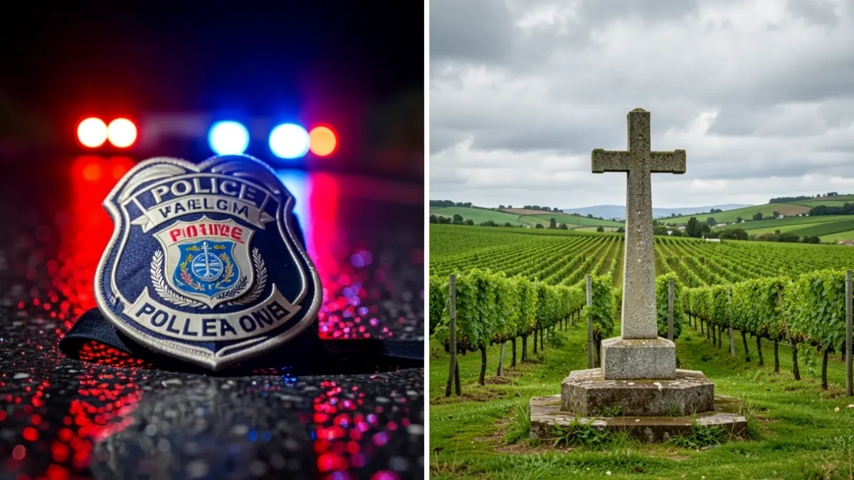Imagen dividida: un lado muestra un primer plano borroso de una insignia policial con luces de emergencia rojas y azules reflejándose en el asfalto mojado por la noche. El otro lado muestra un paisaje de viñedo verde en Galicia bajo un cielo nublado, con un cruceiro de granito en primer plano.