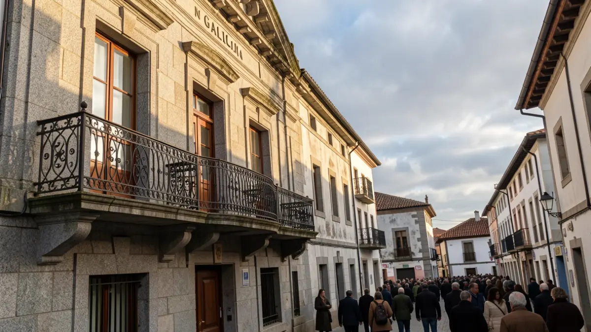 Imaxe xenérica dun concello galego de granito con balcón e barandillas de ferro, baixo un ceo nubrado.