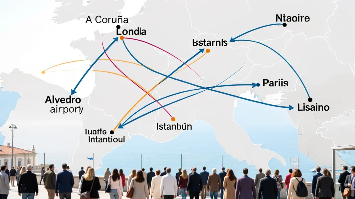 Mapa estilizado de rutas aéreas internacionales desde A Coruña a hubs como Londres e Estambul.