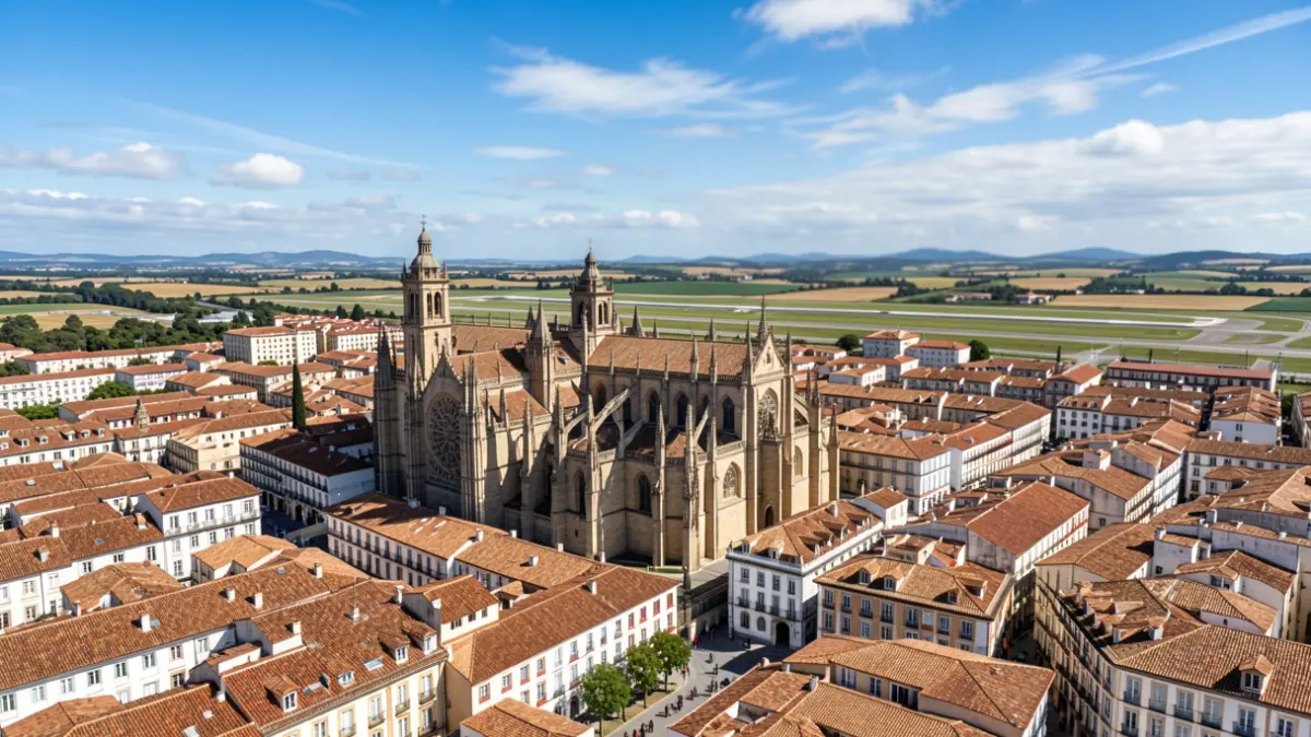 Vista aérea de Santiago de Compostela coa Catedral e o aeroporto.