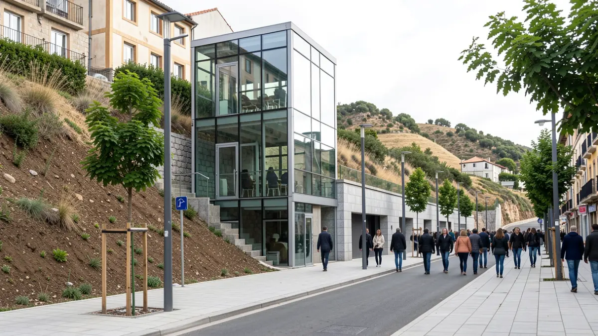 Imagen de un nuevo ascensor urbano en Vigo, con aceras renovadas y vegetación.