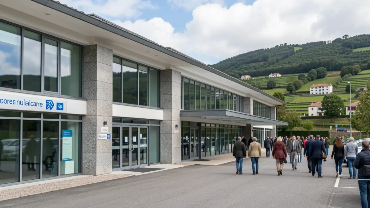 Imagen genérica del exterior de un moderno centro de salud gallego con detalles en granito.