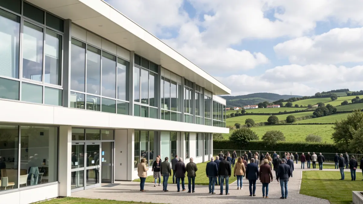 Imagen genérica de un moderno centro de salud gallego con paisaje verde.
