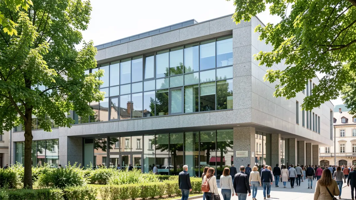 Imagen genérica de un moderno centro de salud gallego de granito y cristal.