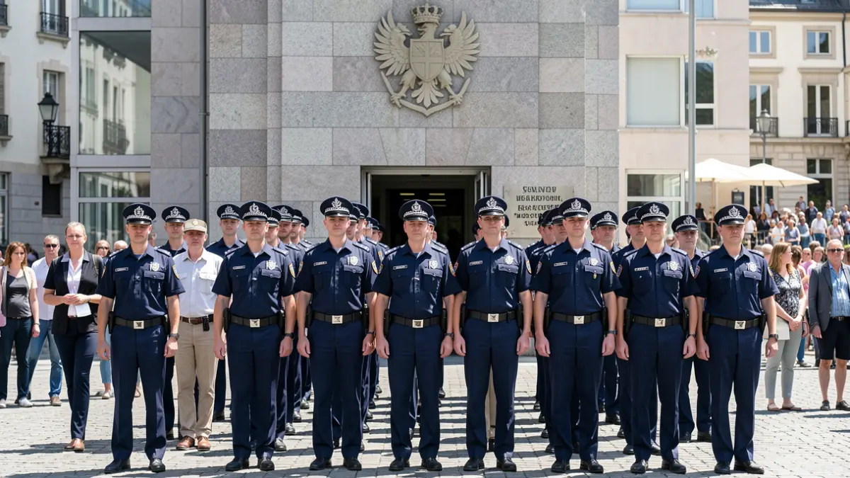 Imaxe xenérica de axentes da Policía Nacional en formación fronte a un edificio oficial.