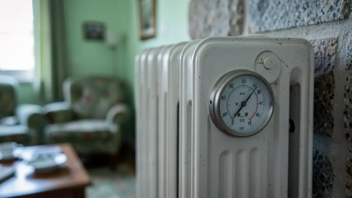 Primer plano de un radiador con un termómetro marcando baja temperatura, en un salón gallego con texturas de granito.