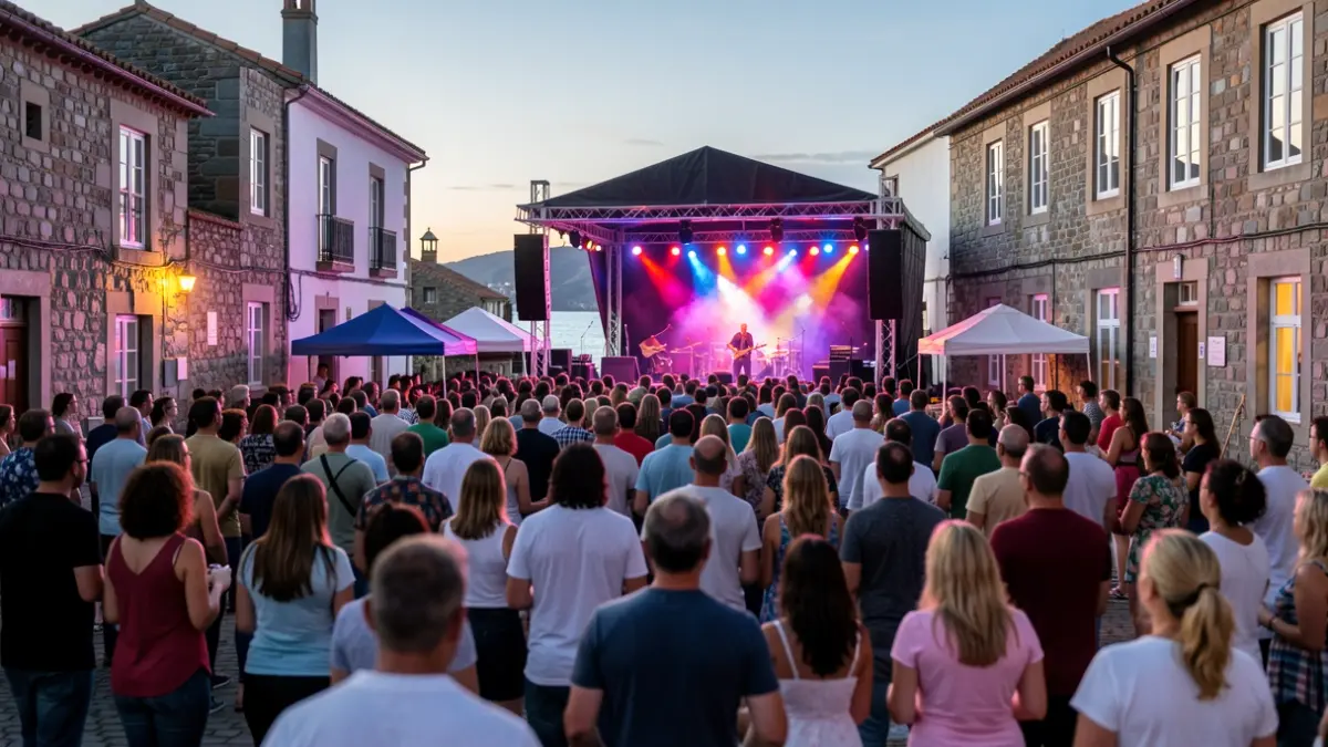 Imagen de un festival de música al aire libre en Combarro, con escenario iluminado y público festivo.