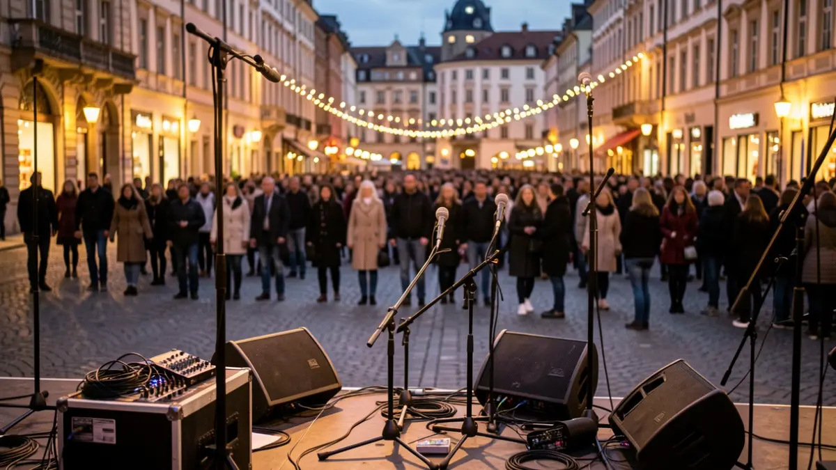 Escenario preparado para un concierto en una plaza pública durante un festival.