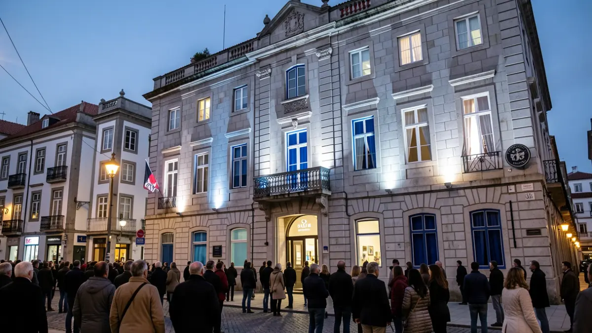 Imaxe xenérica do edificio Banco Pastor iluminado coas cores de Galicia.