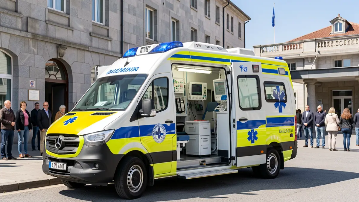 Ambulancia medicalizada con equipo avanzado diante do Hospital do Barbanza.