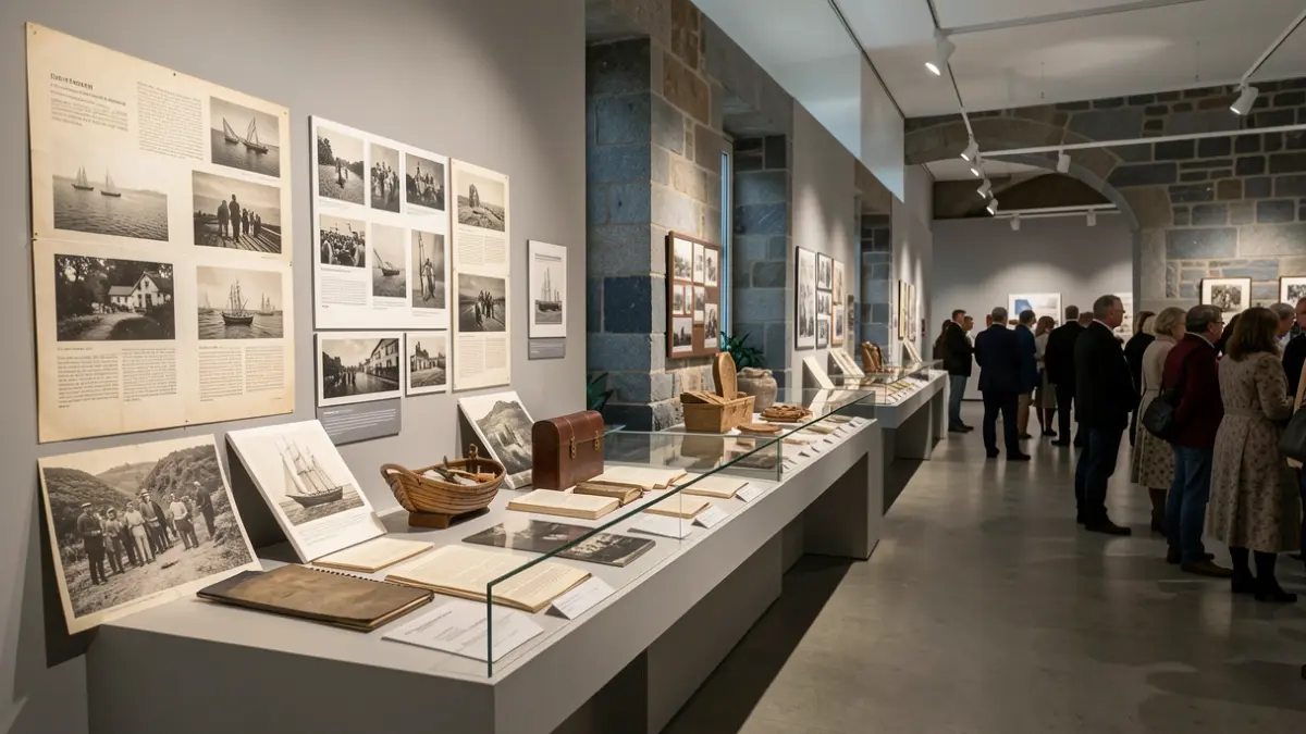Imaxe dunha exposición sobre a memoria mariñeira no barrio da Zoca, A Coruña, con fotografías antigas e obxectos cedidos pola veciñanza.