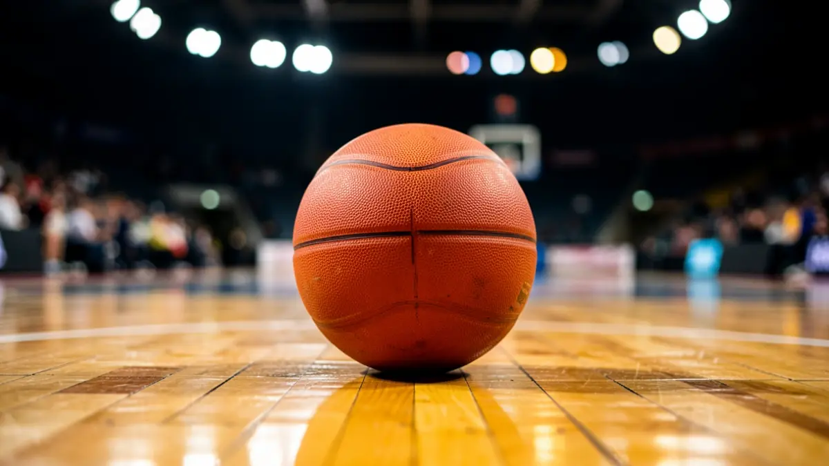 Imaxe xenérica dun balón de baloncesto nunha pista.