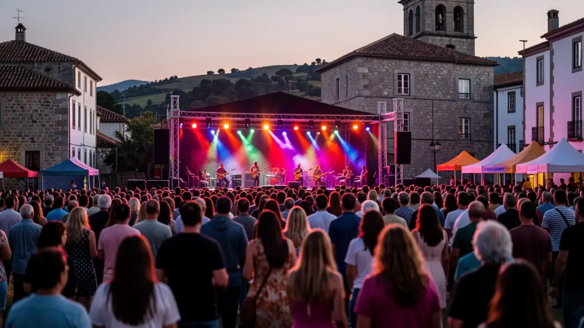 Imagen genérica de un festival de música al aire libre en Galicia con gente y luces.