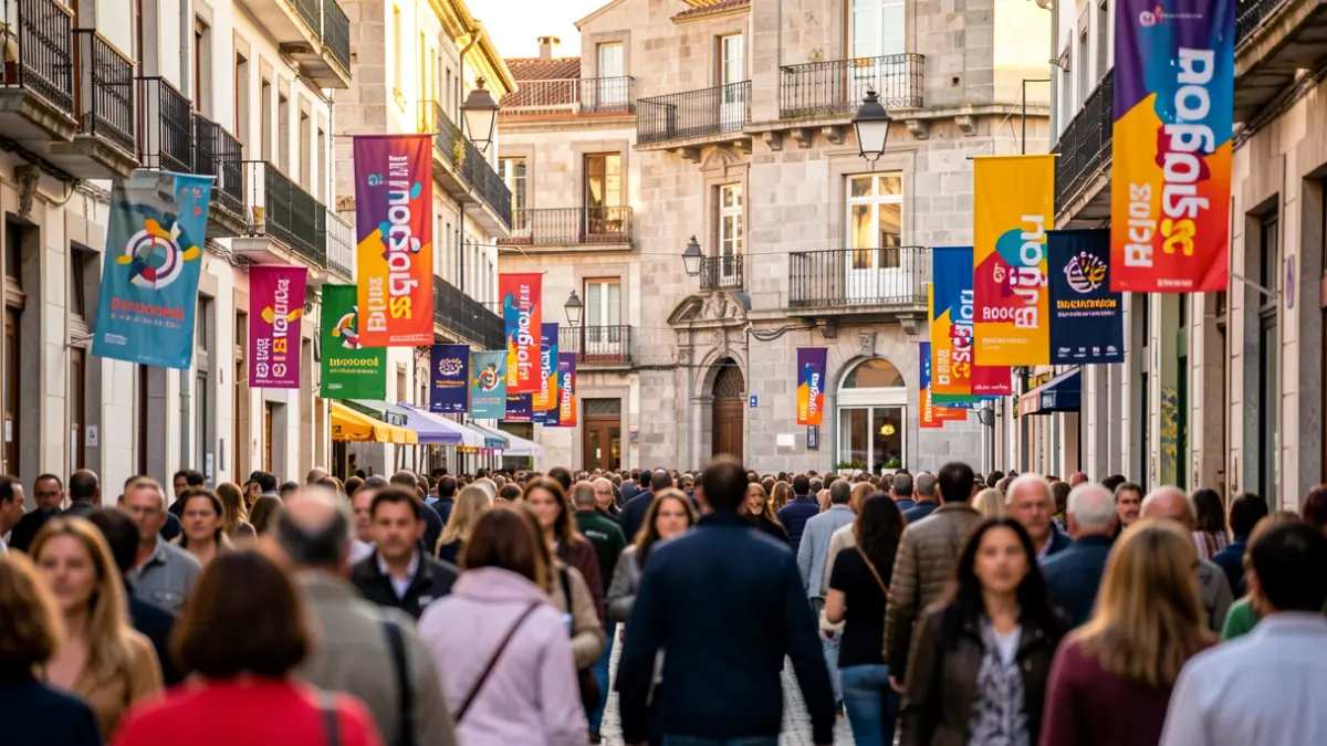 Imagen genérica de una calle de Pontevedra con gente y decoración de un festival.