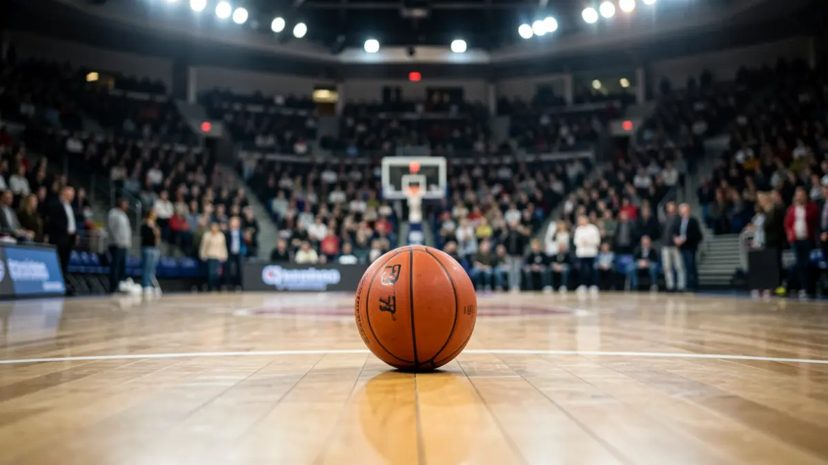 Imaxe xenérica dunha cancha de baloncesto co balón no centro.