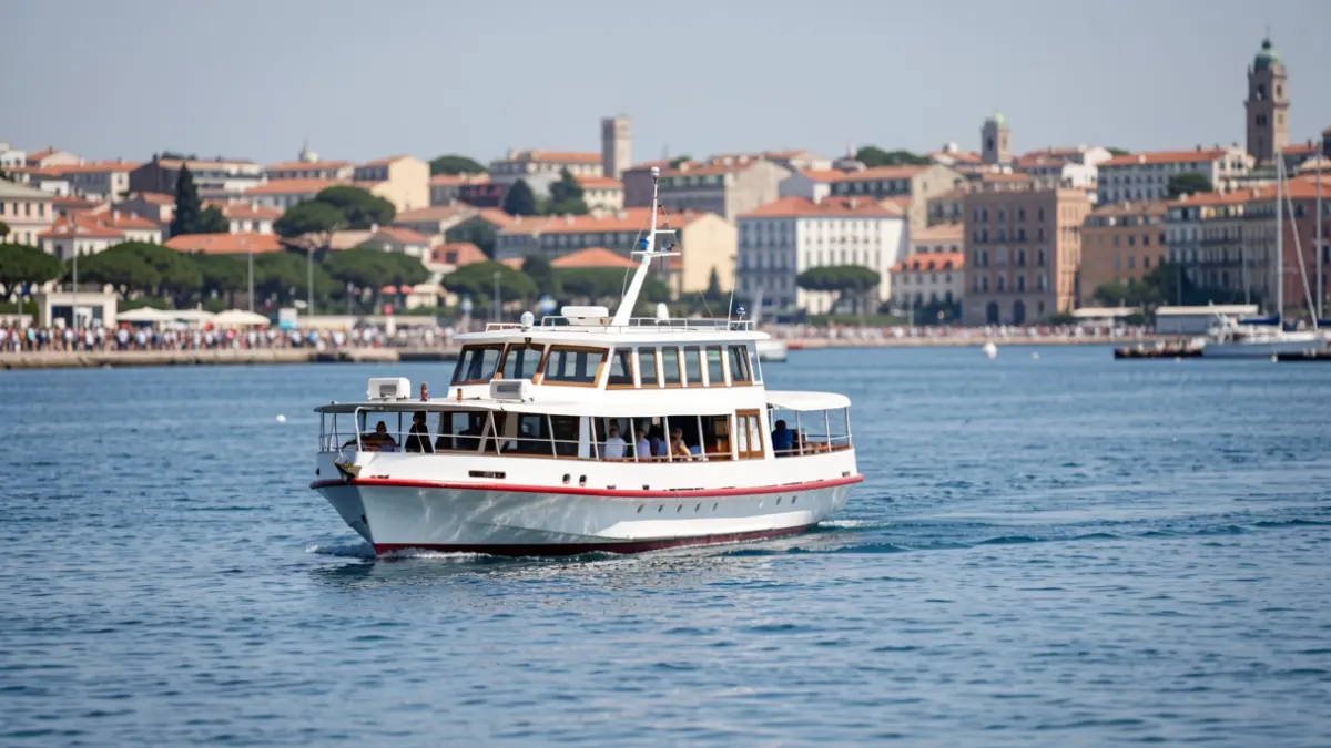 Barco de pasaxeiros navegando pola ría da Coruña durante a tempada estival.