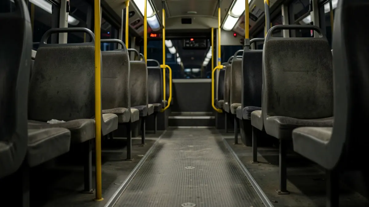 Imaxe xenérica dun interior de autobús urbano baleiro pola noite, co foco nas texturas desgastadas dos asentos e o chan.