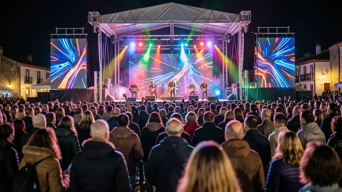 Imaxe xenérica dun festival de música ao aire libre pola noite en Galicia, con luces de cores e público difuminado.