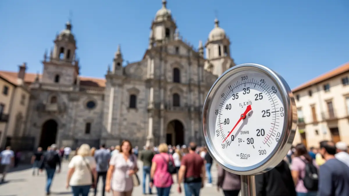 Imagen genérica de termómetro con alta temperatura y arquitectura de Santiago de Compostela.