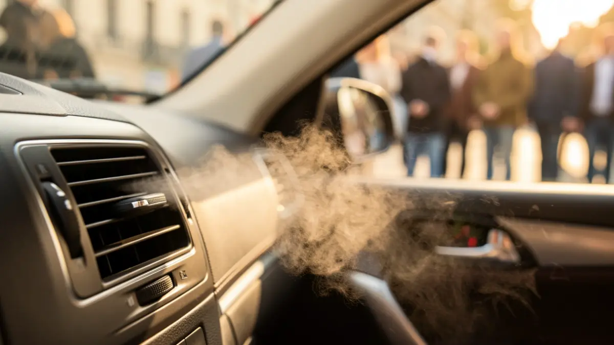 Primer plano de una salida de aire acondicionado de un coche con aire fresco, interior del coche difuminado, luz solar cálida.