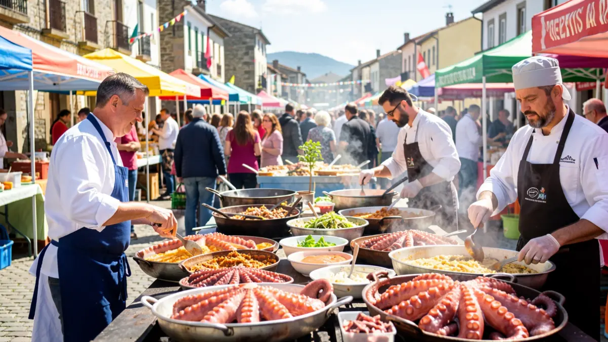 Imaxe dunha festa gastronómica ao aire libre en Galicia, con polbo preparándose e xente gozando.