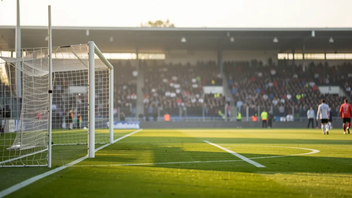 Imaxe xenérica dun campo de fútbol baleiro ao amencer.